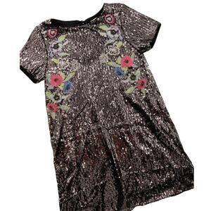 GB Girls Black Sequin Floral Embroidered Shirt Dress M